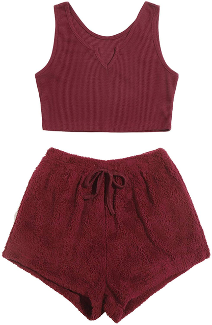 Verdusa Women'S 2 Piece PJ Set Notched Tank Top & Teddy Shorts Fuzzy Lounge Pajama Set Apparel & Accessories > Clothing > Sleepwear & Loungewear Kylie Max   