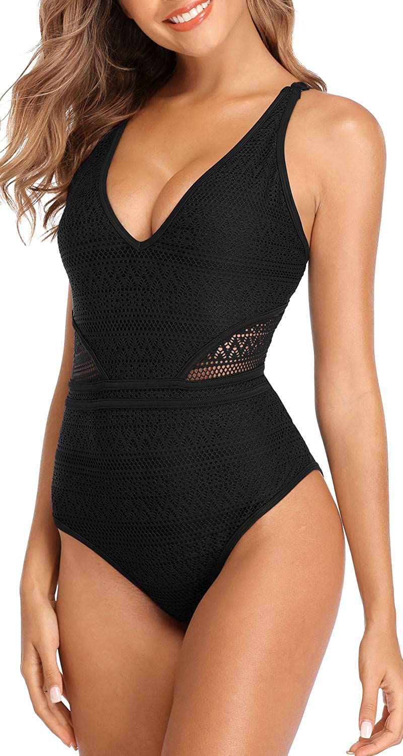 SOCIALA Women'S Crochet One Piece Swimsuits V Neck High Waist Bathing Suit Sexy Hollow Monokini Swimwear Apparel & Accessories > Clothing > Swimwear Kylie Max   