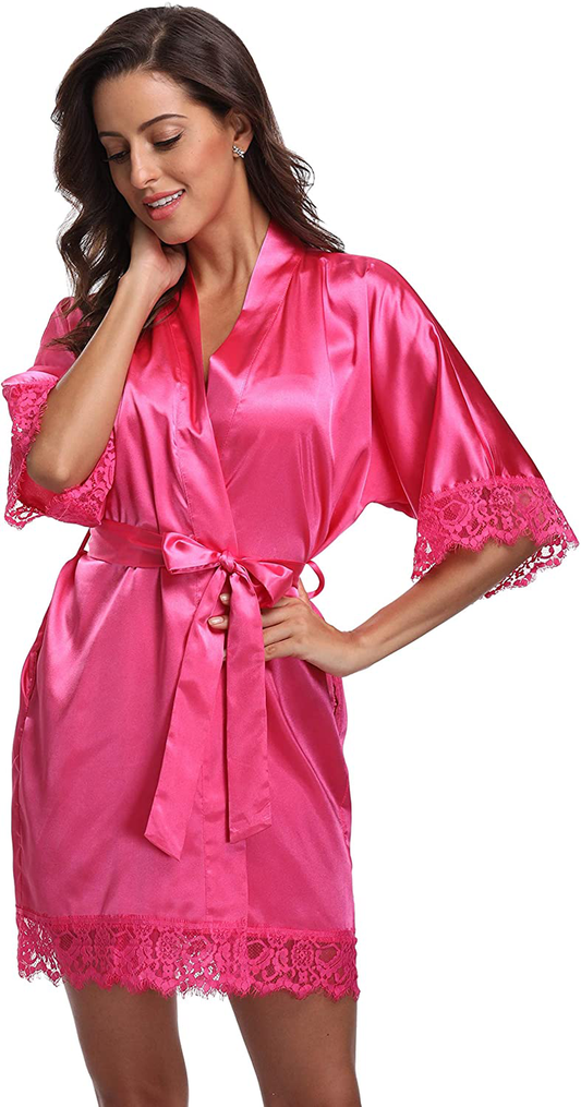 Original Kimono Women'S Lace-Trimmed Satin Short Kimono Robe Bathrobe Loungewear Apparel & Accessories > Clothing > Sleepwear & Loungewear > Robes Original Kimono   