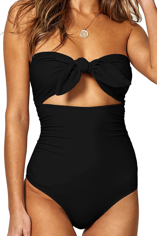 QINSEN Womens Sexy Strapless Tie Knot Front High Waist One Piece Swimsuit Apparel & Accessories > Clothing > Swimwear Kylie Max   