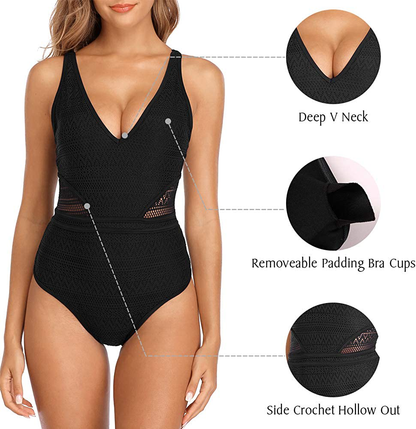 SOCIALA Women'S Crochet One Piece Swimsuits V Neck High Waist Bathing Suit Sexy Hollow Monokini Swimwear Apparel & Accessories > Clothing > Swimwear Kylie Max   