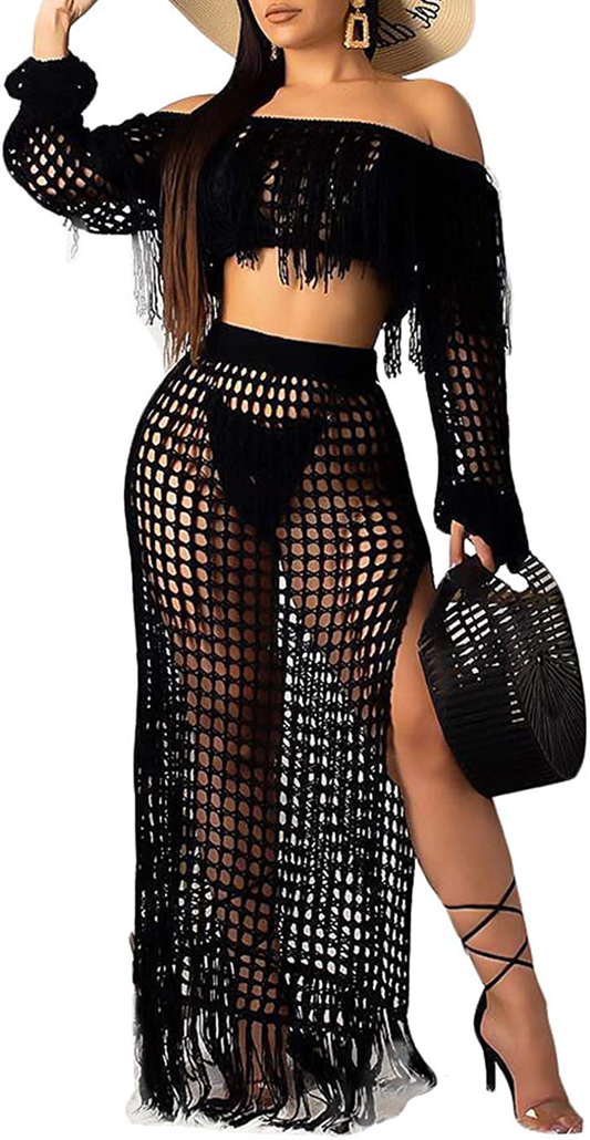 Women Sexy Tassels Hollow Out 2 Piece Outfits See through off Shoulder Crop Top and Split Maxi Dress Set Bikini Cover Up Apparel & Accessories > Clothing > Swimwear Kylie Max   