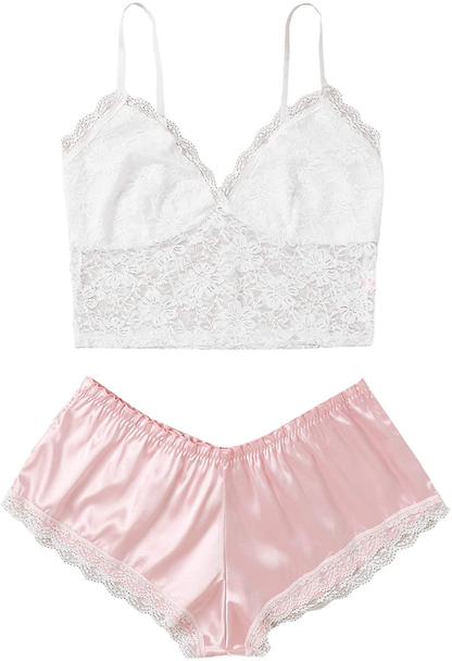 SOLY HUX Women'S plus Size Spaghetti Strap Lace Trim Bralette and Shorts Sleepwear Pajama Lingerie Set Apparel & Accessories > Clothing > Underwear & Socks > Lingerie KYLIE MAX Pink and White 4X-Large Plus 