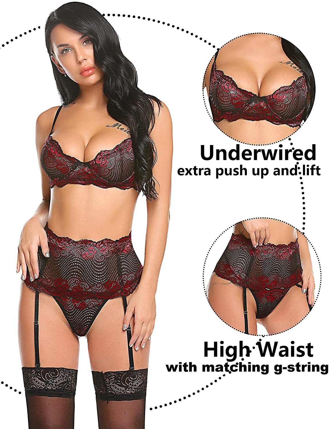 Avidlove Women Lingerie Set with Garter Belts Sexy Bra and Panty High Waist Lingerie Underwire Wine Red Large&Black Large Apparel & Accessories > Clothing > Underwear & Socks > Lingerie Avidlove   