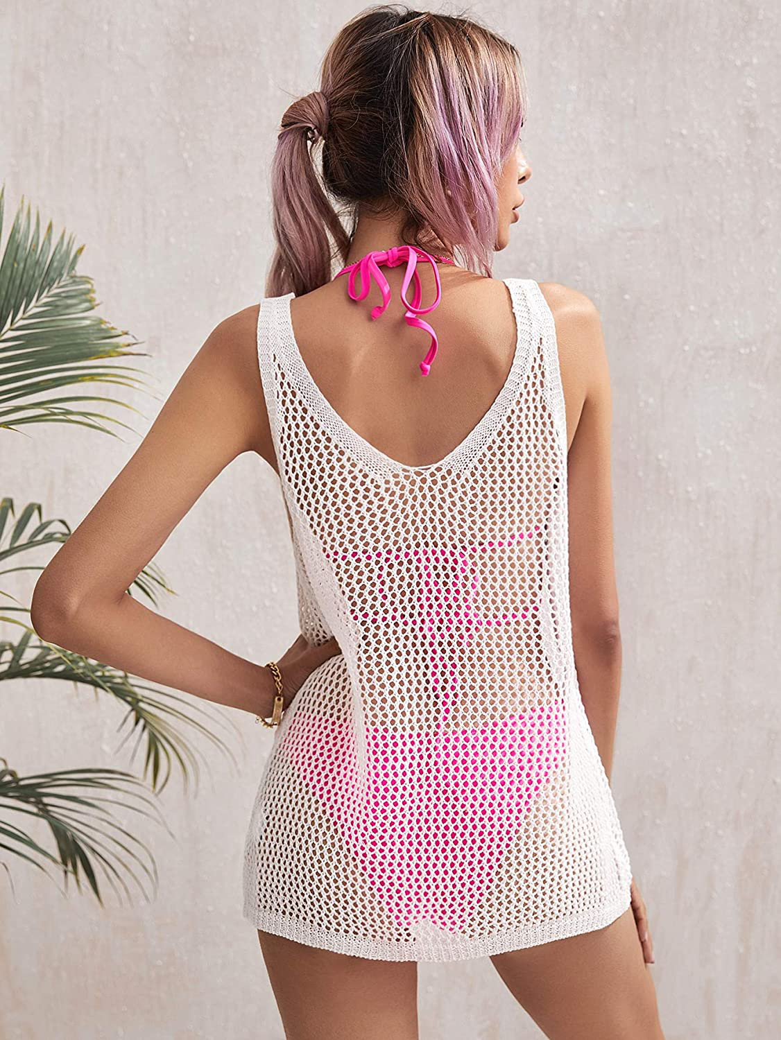 Romwe Women'S Open Knit Swimsuit Cover up Sleeveless Deep V Beach Bikini Dress Apparel & Accessories > Clothing > Swimwear Kylie Max   