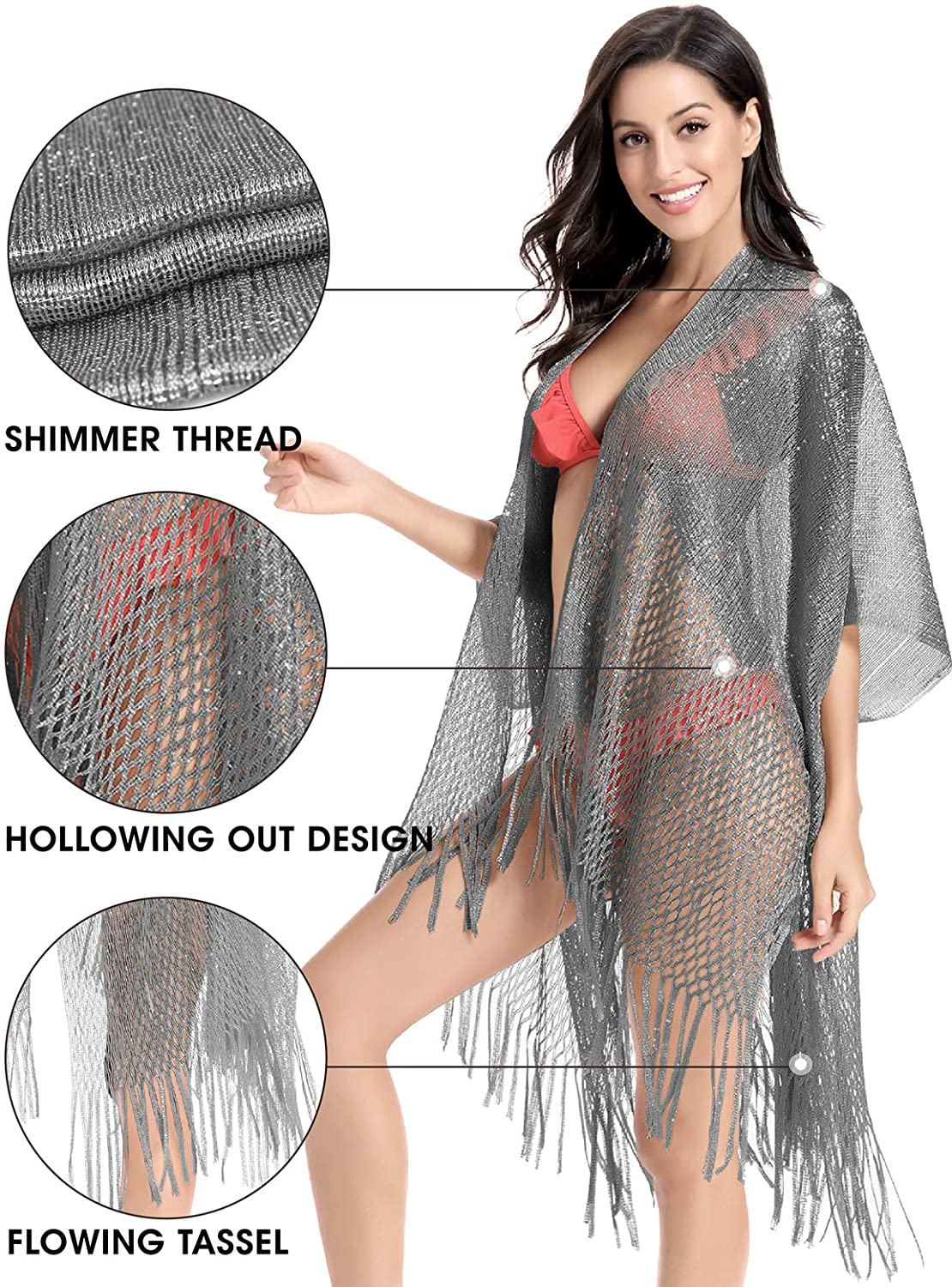 Metallic Sparkly Kimono Cardigan Swimsuit Beach Bikini Cover Ups Open Front Casual Blouse Tops Apparel & Accessories > Clothing > Swimwear Kylie Max   