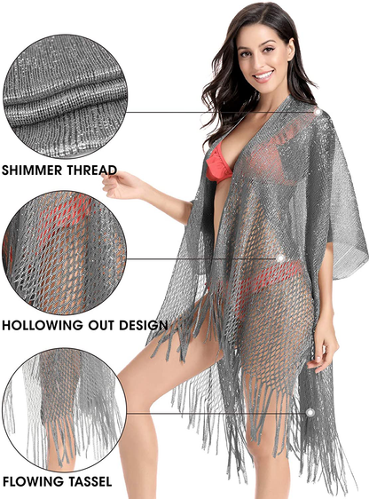 Metallic Sparkly Kimono Cardigan Swimsuit Beach Bikini Cover Ups Open Front Casual Blouse Tops Apparel & Accessories > Clothing > Swimwear Kylie Max   