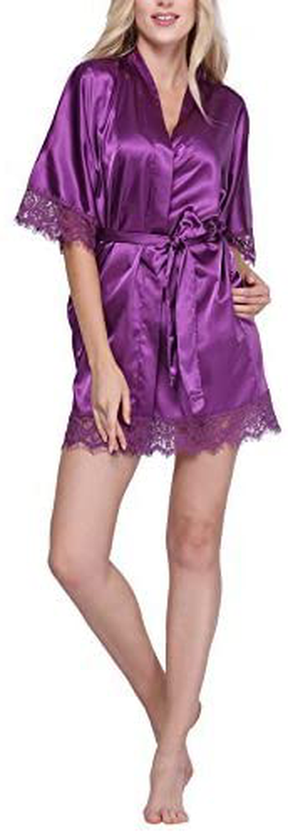 Original Kimono Women'S Lace-Trimmed Satin Short Kimono Robe Bathrobe Loungewear Apparel & Accessories > Clothing > Sleepwear & Loungewear > Robes Original Kimono Dark Purple Small 