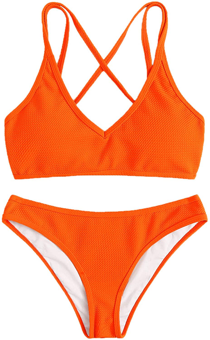 SweatyRocks Women's Bathing Suits Spaghetti Strap Criss Cross Back Bikini Ribbed Swimsuit Apparel & Accessories > Clothing > Swimwear SweatyRocks Orange Medium 