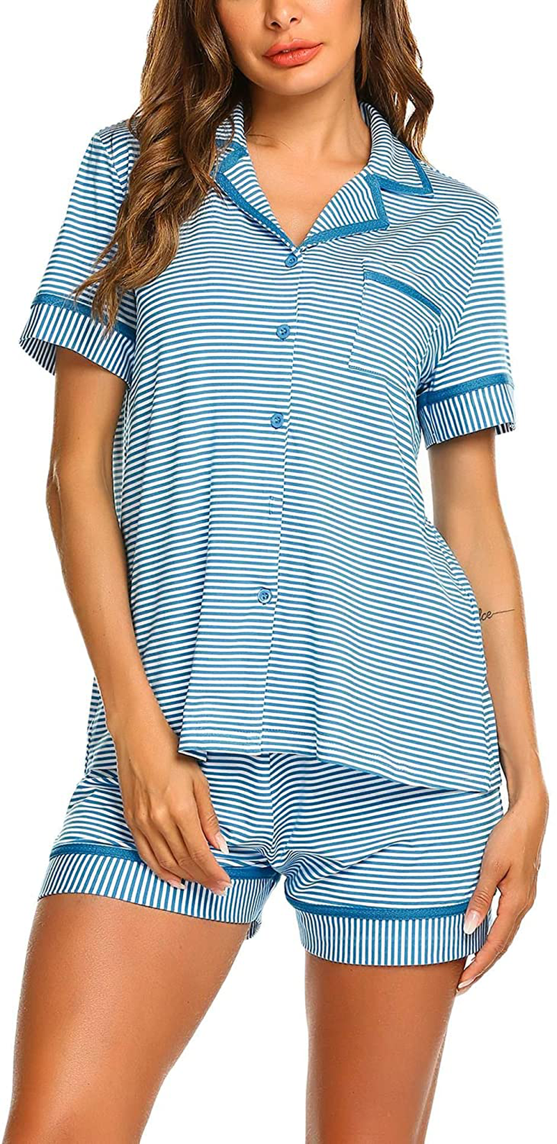 Ekouaer Pajamas Soft Striped Women's Short Sleeve Button Sleepwear Shorts Shirt PJ Set(S-XXL) Apparel & Accessories > Clothing > Sleepwear & Loungewear > Pajamas Ekouaer D-deep Sky Blue Striped Small 