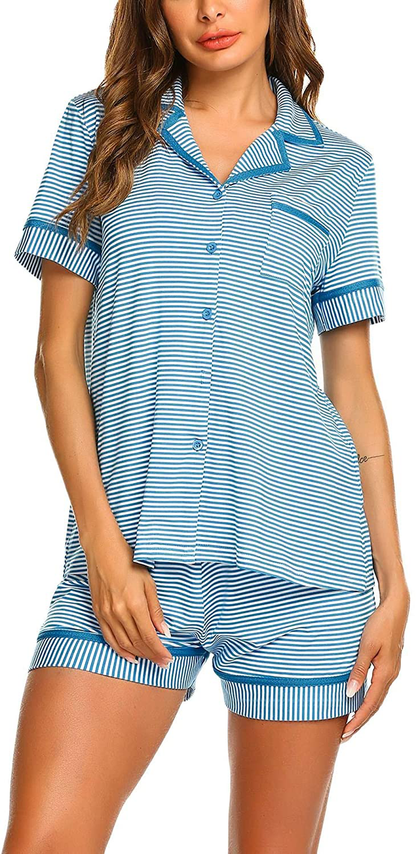 Ekouaer Pajamas Soft Striped Women's Short Sleeve Button Sleepwear Shorts Shirt PJ Set(S-XXL) Apparel & Accessories > Clothing > Sleepwear & Loungewear > Pajamas Ekouaer D-deep Sky Blue Striped Small 