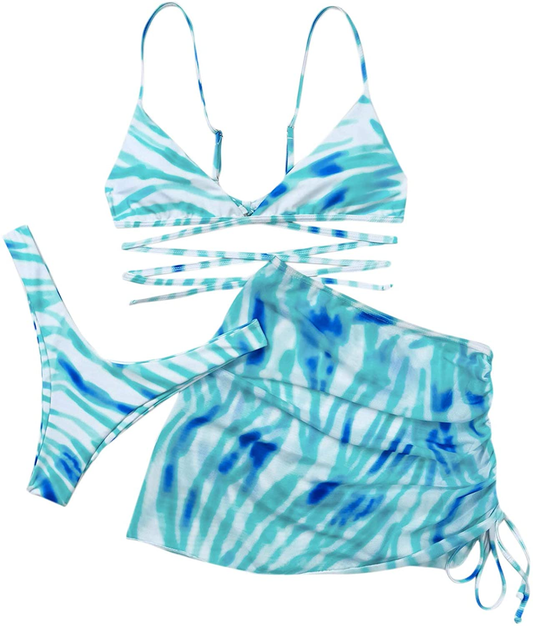 SOLY HUX Women'S Tie Dye Wrap Bikini Bathing Suits with Mesh Beach Skirt 3 Piece Swimsuits Apparel & Accessories > Clothing > Underwear & Socks > Lingerie KYLIE MAX Blue White Small 