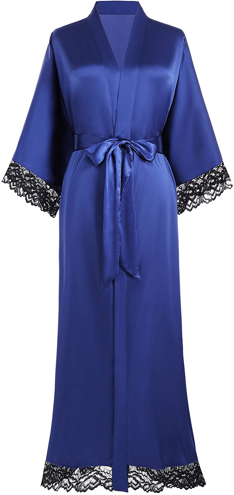 BABEYOND Satin Kimono Robe Long Bridesmaid Wedding Bath Robe with Lace Trim Apparel & Accessories > Clothing > Sleepwear & Loungewear > Robes KYLIE MAX Navy Blue With Black Lace One Size 