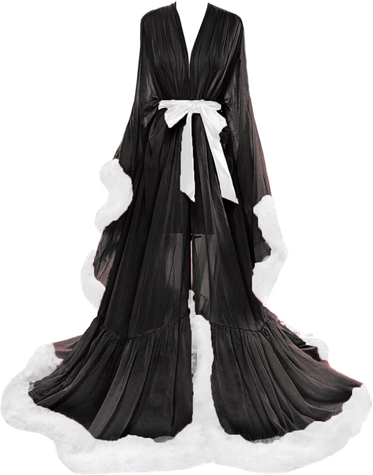 Molisa Women'S Sexy Feather Bridal Robe Long Wedding Scarf Illusion Bathrobe Sleepwear Lingerie Robe Nightgown Apparel & Accessories > Clothing > Sleepwear & Loungewear > Robes Molisa Black+white 3X-Large 