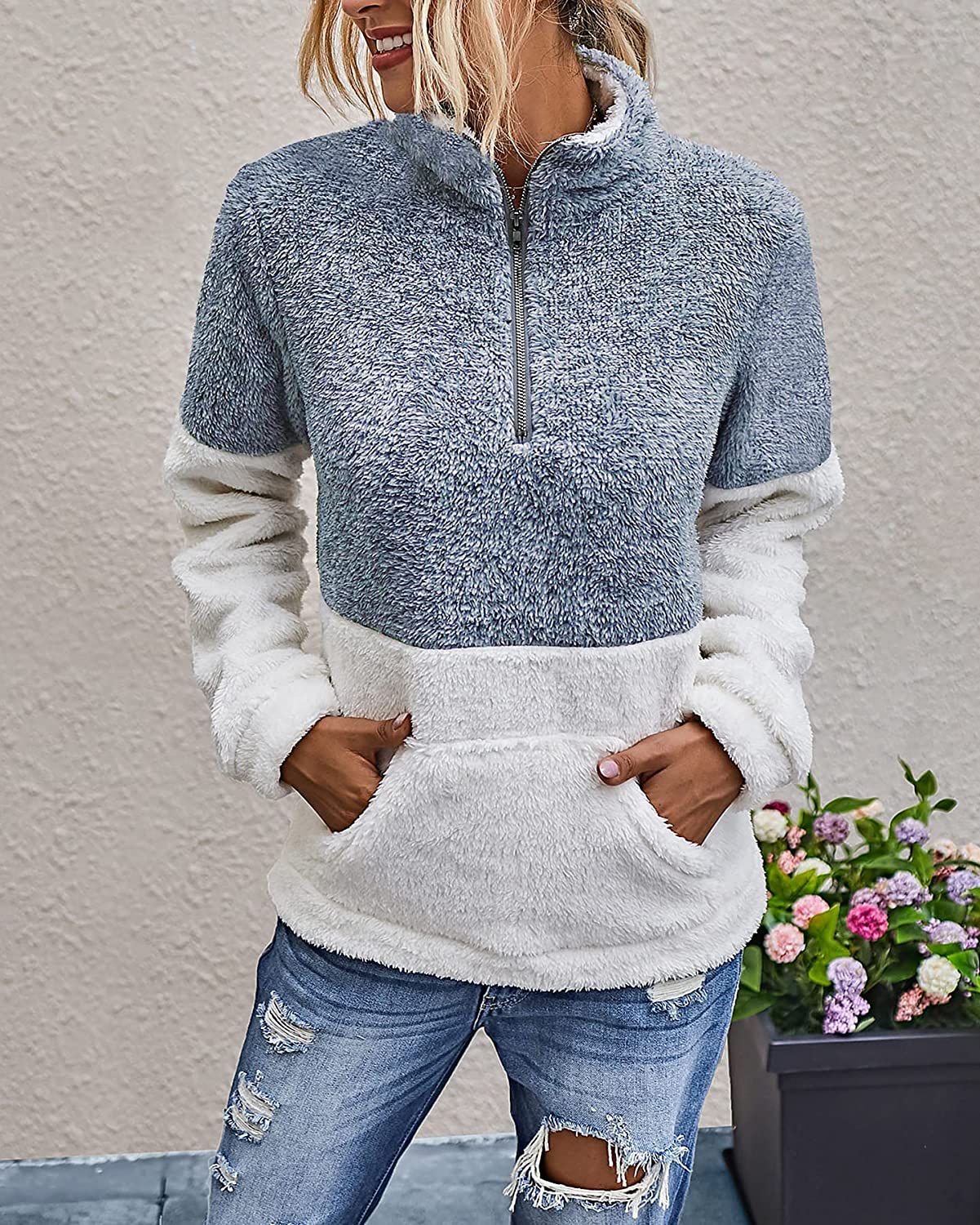 BTFBM Women Sherpa Pullover Quarter Zip Long Sleeve Fluffy Soft Fleece Jackets Sweaters Sweatshirts Hoodies Outwear Coat Apparel & Accessories > Clothing > Activewear Kylie Max   