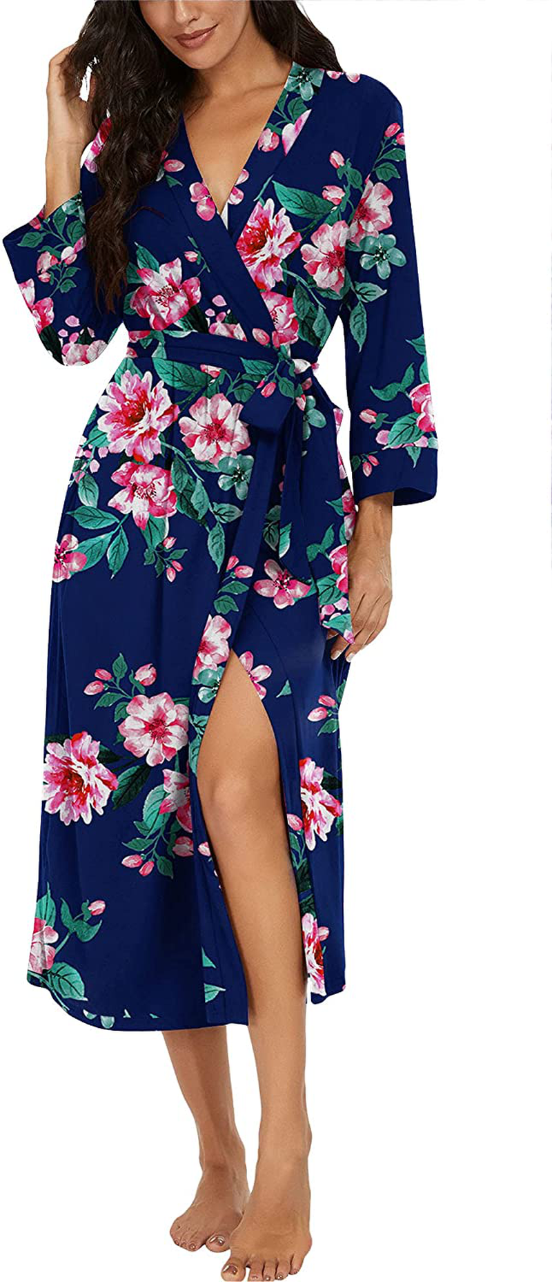VINTATRE Women Kimono Robes Long Knit Bathrobe Lightweight Soft Knit Sleepwear V-Neck Casual Ladies Loungewear Apparel & Accessories > Clothing > Sleepwear & Loungewear > Robes VINTATRE D07 Fp-navy Blue Large 