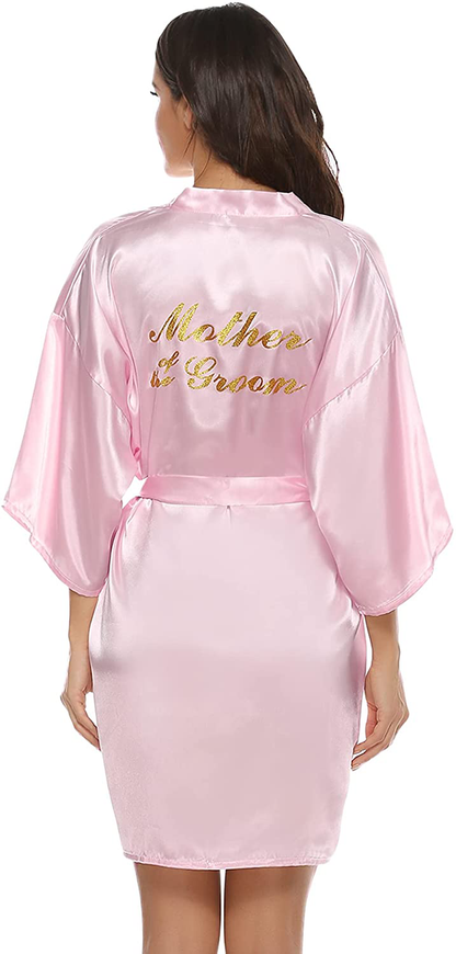 Vlazom Women'S Satin Robe Short Kimono for Bride & Bridesmaid Wedding Party Robes with Gold Glitter or Rhinestones Apparel & Accessories > Clothing > Sleepwear & Loungewear > Robes KYLIE MAX Pink（mother of the Groom） Small 