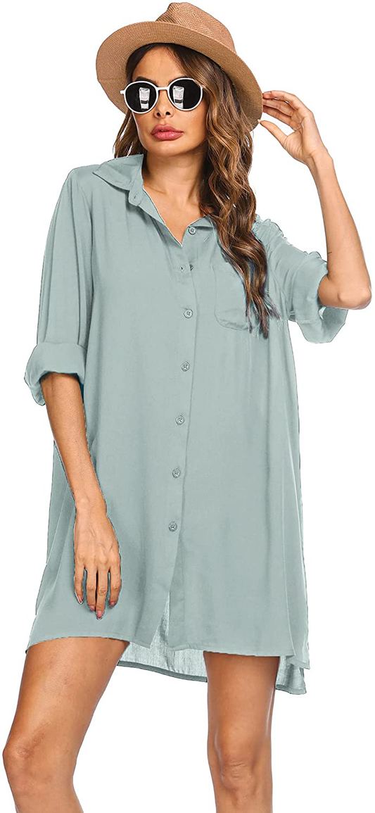 SHESHOW Women'S Beach Cover up Long Sleeve Button down Shirt Beach Bikini Coverups Dress Swimsuit Covers S-3XL Apparel & Accessories > Clothing > Swimwear Kylie Max   