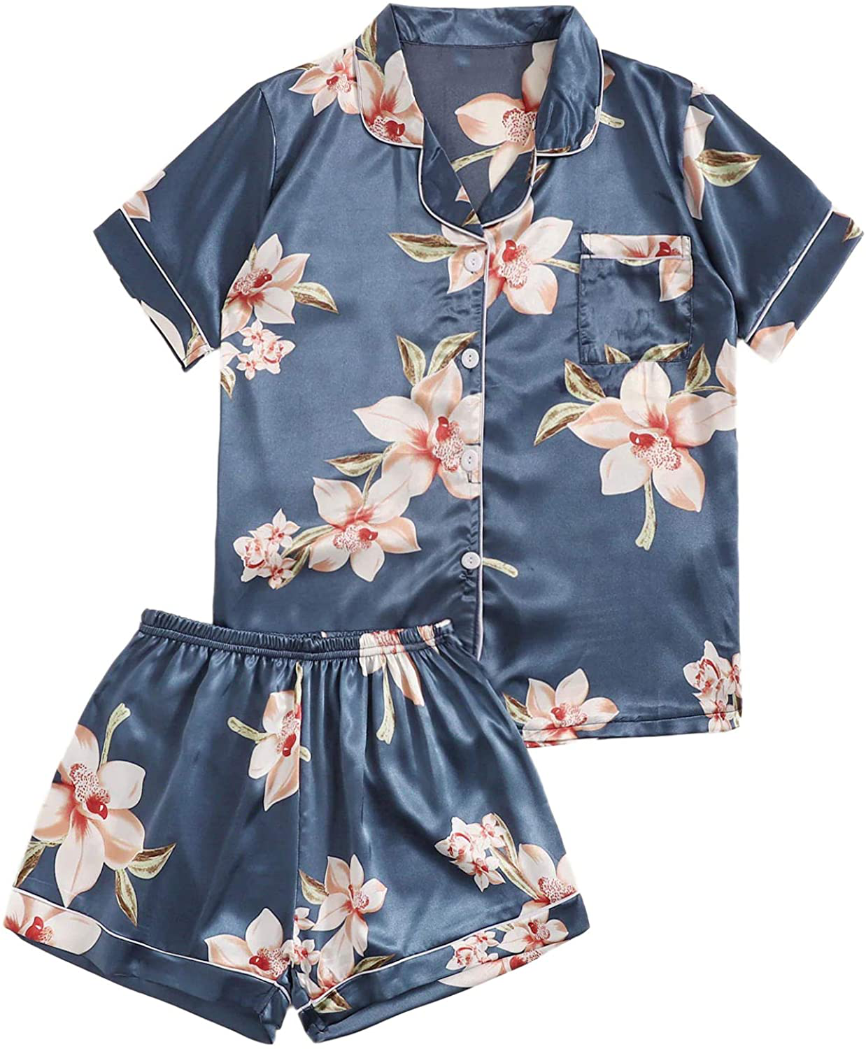 Floerns Women's Notch Collar Palm Leaf Print Sleepwear Two Piece Pajama Set Apparel & Accessories > Clothing > Sleepwear & Loungewear > Pajamas Floerns Blue Flower Large 