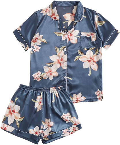 Floerns Women's Notch Collar Palm Leaf Print Sleepwear Two Piece Pajama Set Apparel & Accessories > Clothing > Sleepwear & Loungewear > Pajamas Floerns Blue Flower Large 