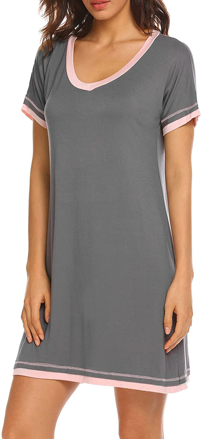 Czdolay Soft Sleepwear Womens Short Sleeve Nightgowns Knit Sleepshirts V Neck Night Shirts S-XXL Apparel & Accessories > Clothing > Sleepwear & Loungewear > Nightgowns Kylie Max   
