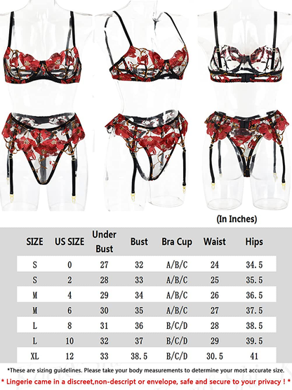 Kaei&Shi Floral Embroidered,Underwire Bra,Thong,3 Piece,Garter Lingerie for Women Apparel & Accessories > Clothing > Underwear & Socks > Lingerie Kaei&Shi   