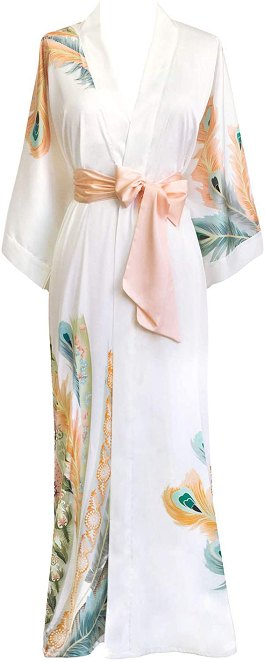 KIM+ONO Women'S Charmeuse Kimono Robe Long - Watercolor Floral Apparel & Accessories > Clothing > Sleepwear & Loungewear > Robes KIM+ONO Peacock Feather - White  