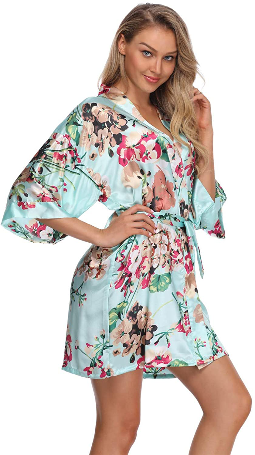 Women'S Floral Satin Kimono Robes Short Bridesmaid Robes for Wedding Party Apparel & Accessories > Clothing > Sleepwear & Loungewear > Robes Super Shopping-zone Cyan Medium 