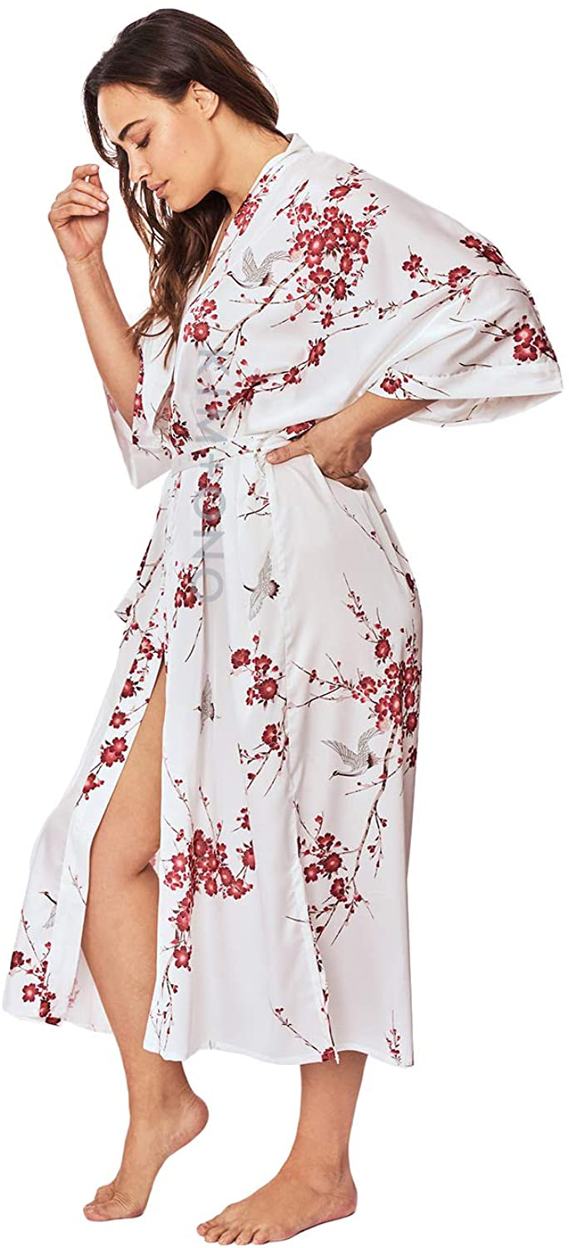 KIM+ONO Women'S plus Size Charmeuse Kimono Robe Long - Watercolor Floral Apparel & Accessories > Clothing > Sleepwear & Loungewear > Robes KIM+ONO Cherry Blossom & Crane - White  