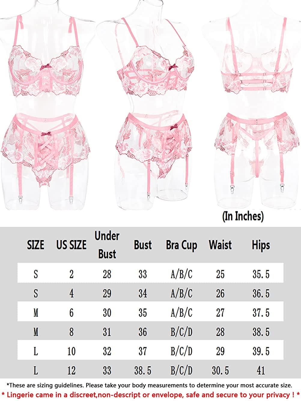 Kaei&Shi Cute Floral Embroidered, Lace up Strap, 3 Piece High Waisted Garter Lingerie Apparel & Accessories > Clothing > Underwear & Socks > Lingerie Kaei&Shi   