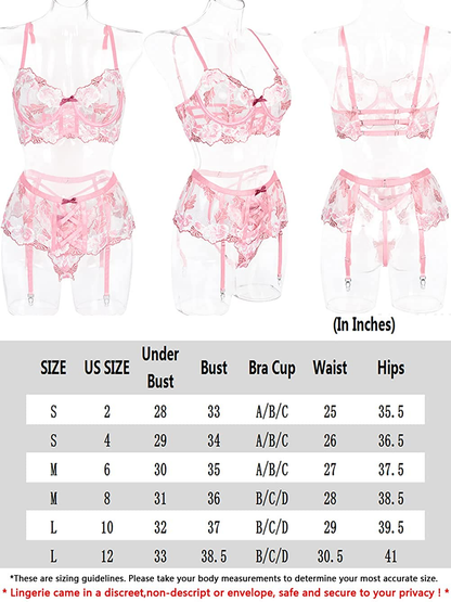 Kaei&Shi Cute Floral Embroidered, Lace up Strap, 3 Piece High Waisted Garter Lingerie Apparel & Accessories > Clothing > Underwear & Socks > Lingerie Kaei&Shi   