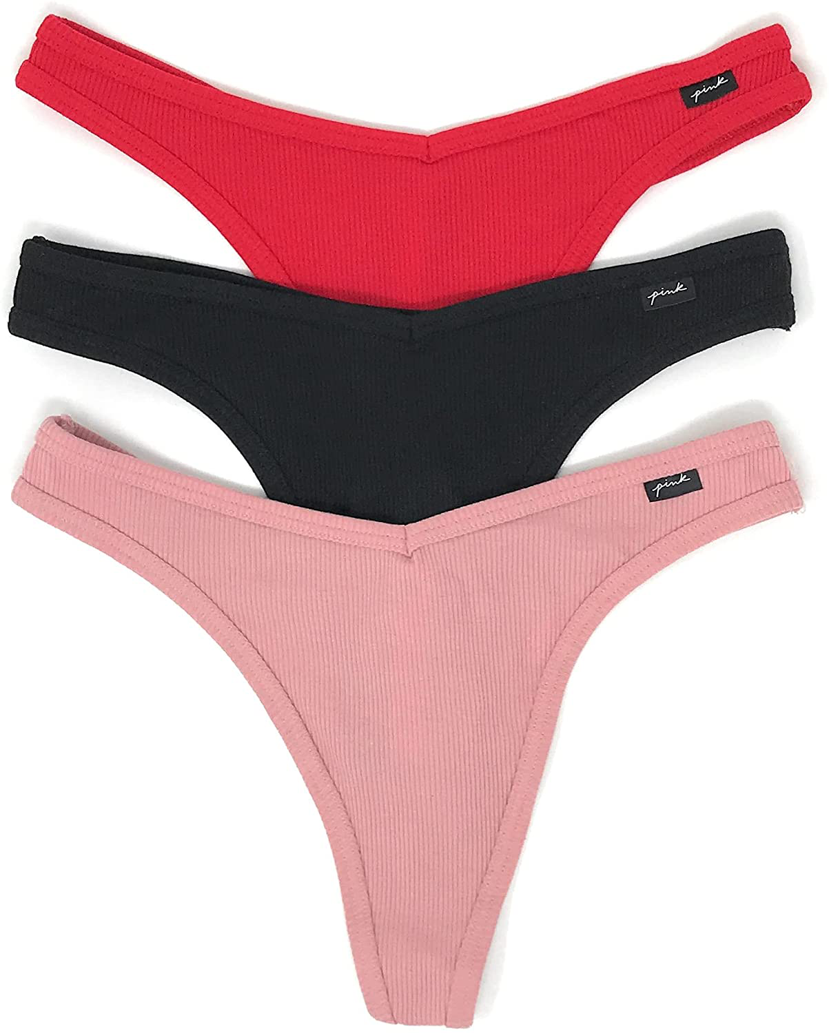 Victoria's Secret PINK Thong Panty Set of 3 Apparel & Accessories > Clothing > Underwear & Socks > Underwear Victoria's Secret Rib Red / Black / Damsel Pink Small 