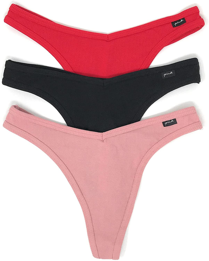 Victoria's Secret PINK Thong Panty Set of 3 Apparel & Accessories > Clothing > Underwear & Socks > Underwear Victoria's Secret Rib Red / Black / Damsel Pink Small 