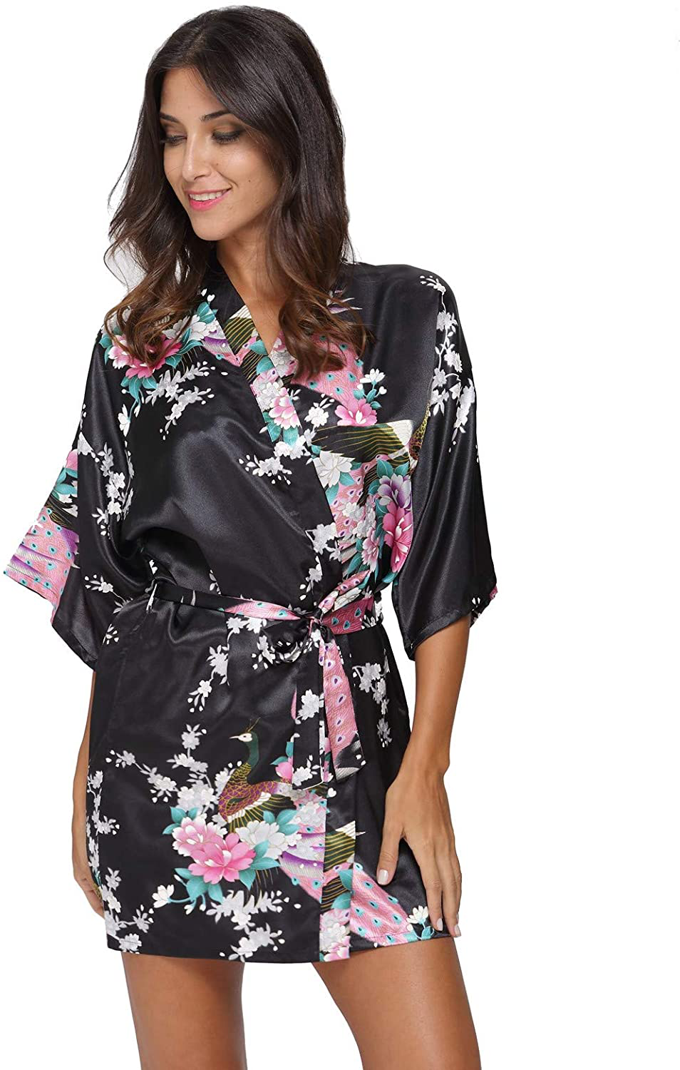 Original Kimono Women'S Short Satin Kimono Robe Floral Peacock Patterned Bathrobe Silky Bridal Nightwear Apparel & Accessories > Clothing > Sleepwear & Loungewear > Robes Original Kimono Black X-Large 