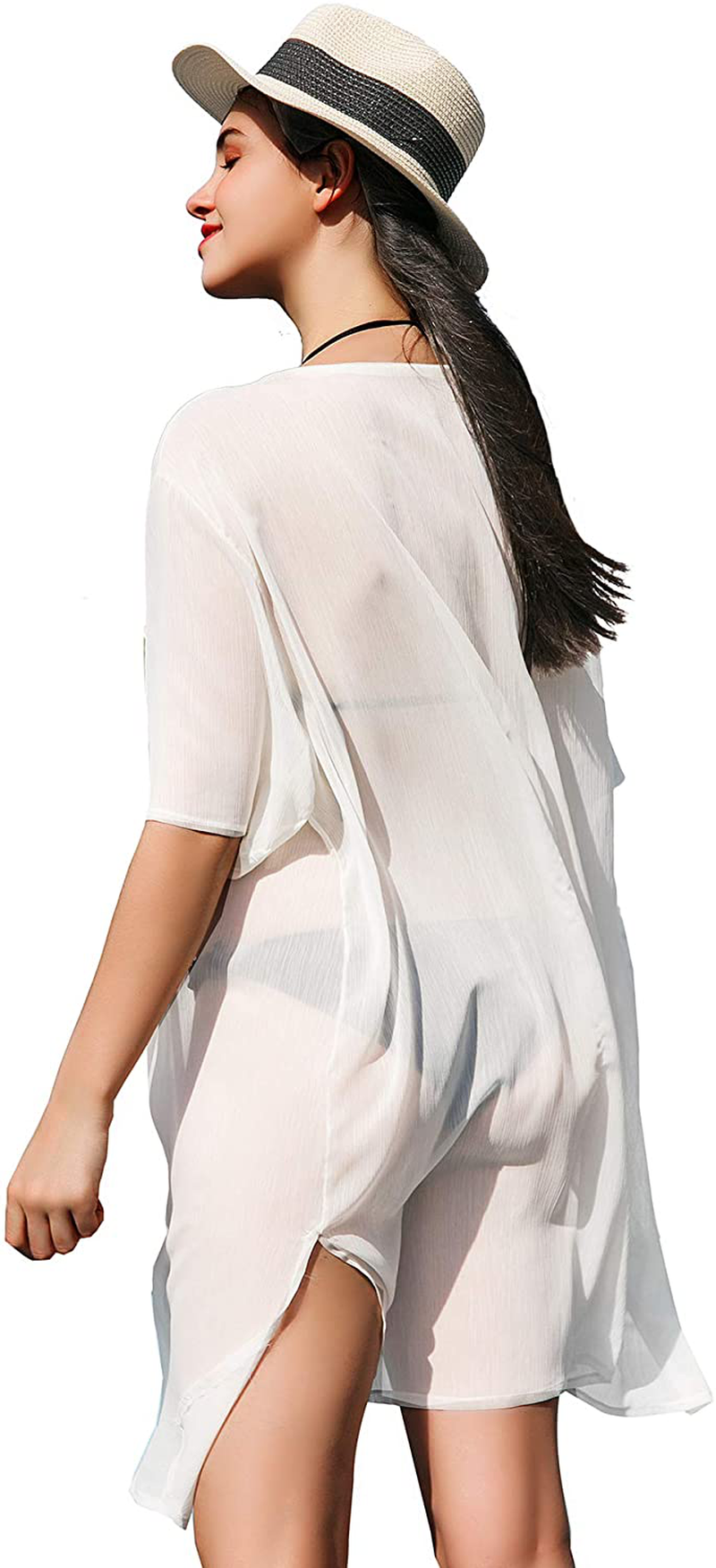 LA CARRIE Women'S Chiffon Kimono Cardigan Cover up with Half Sleeve Summer Sheer Beachwear Swimsuit for Bikini Apparel & Accessories > Clothing > Swimwear Kylie Max   