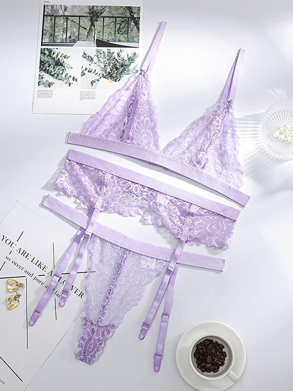 Kaei&Shi Floral Lace Sheer,Triangle Bralette,High Cut G-String,Garter Lingerie for Women Apparel & Accessories > Clothing > Underwear & Socks > Lingerie Kaei&Shi   