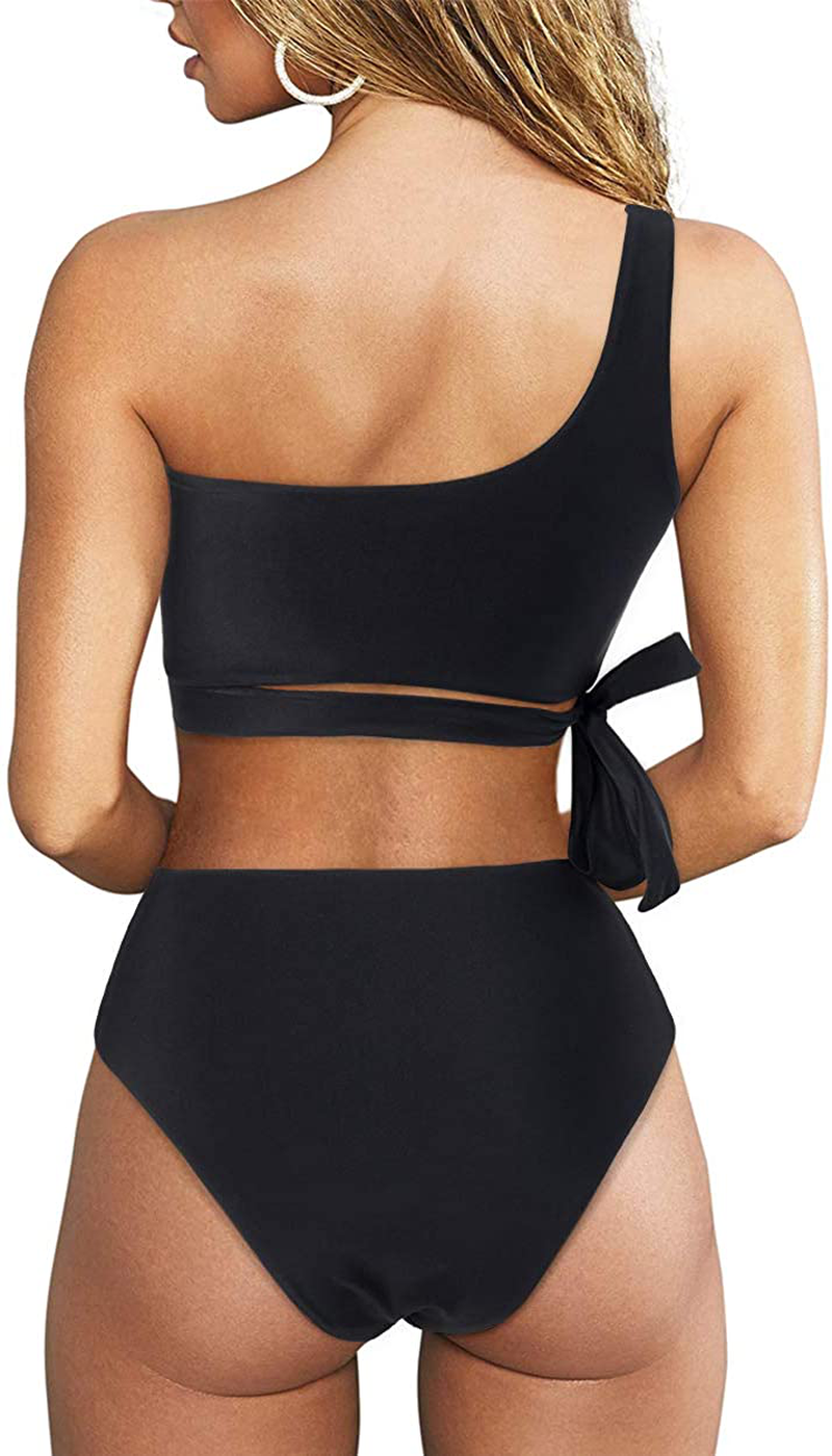 MOOSLOVER Women One Shoulder High Waisted Bikini Tie High Cut Two Piece Swimsuits Apparel & Accessories > Clothing > Swimwear MOOSLOVER   