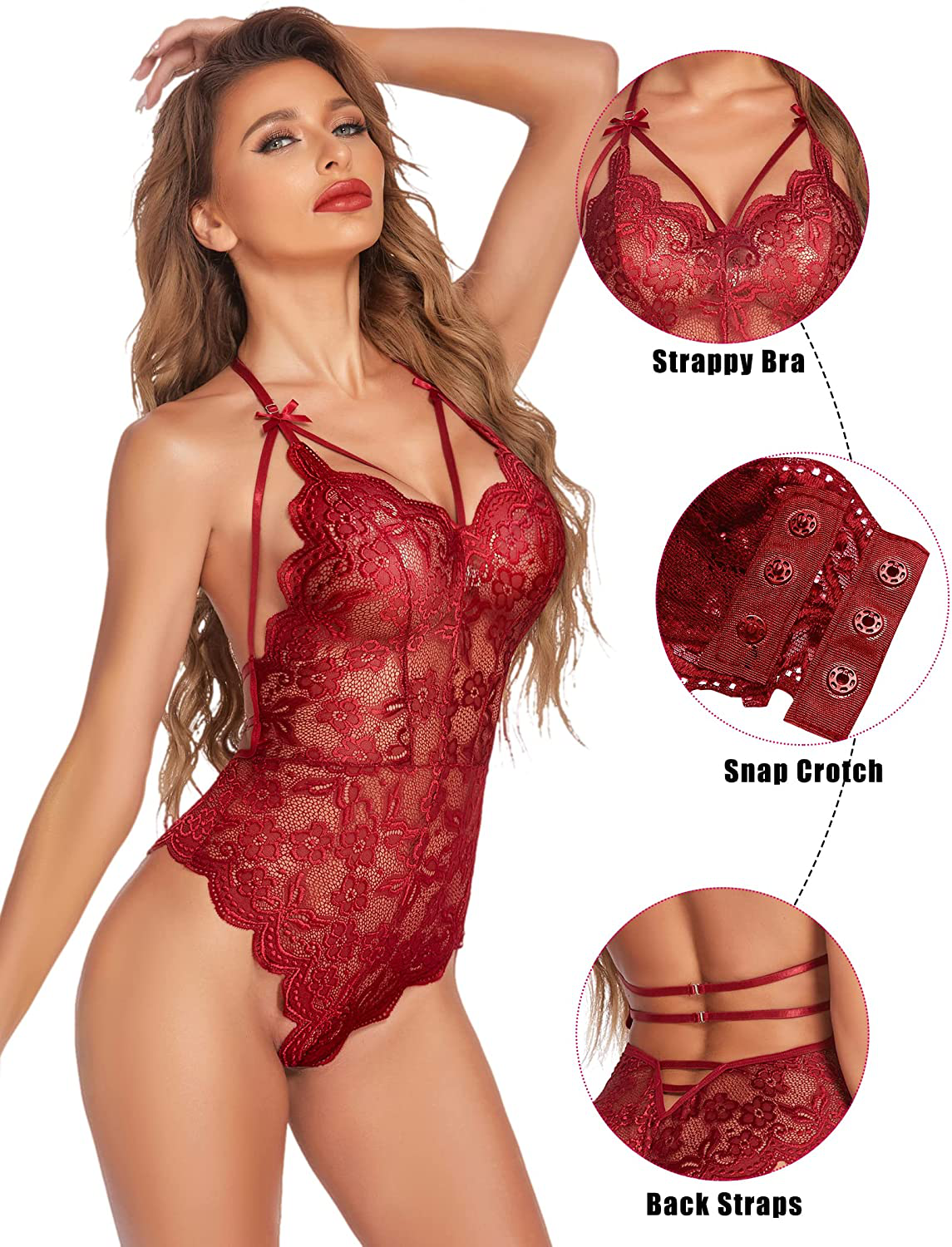 Avidlove Teddy Lingerie for Women Snap Crotch Lace Bodysuit Strappy One Piece Babydoll  Avidlove   