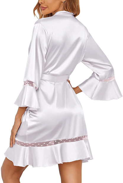 Ekouaer Women'S Satin Robe Lace Kimono Bridesmaids Robe Short Ruffle Hem Silky Bathrobe 3/4 Sleeve Night Robe S-XXL Apparel & Accessories > Clothing > Sleepwear & Loungewear > Robes Ekouaer   