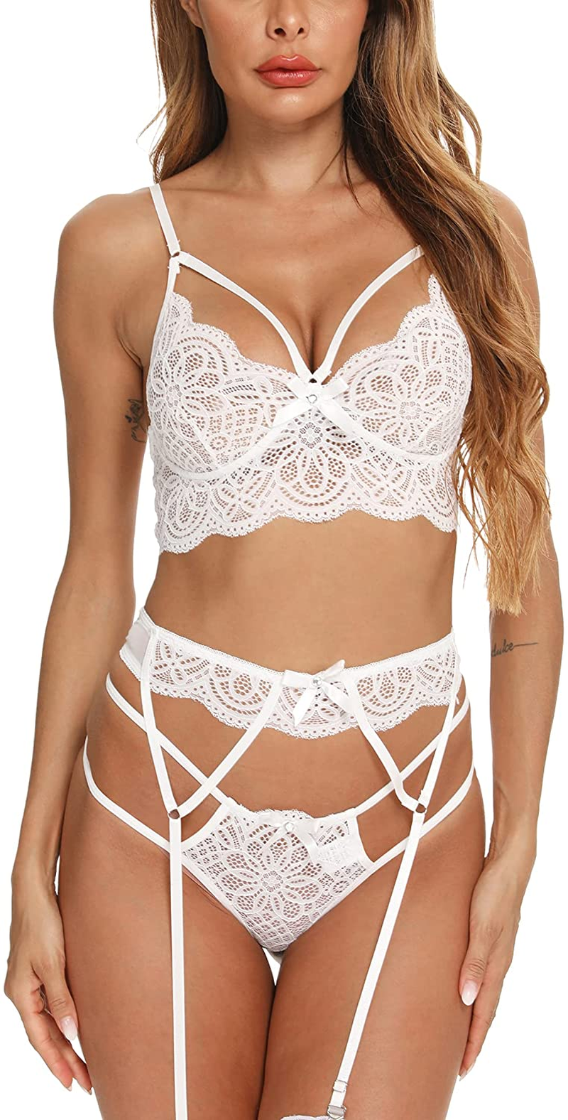 CHEENBOL Lace Lingerie Set for Women 3 Piece Bralette Lingerie Bodysuit with Garter Belt(No Stockings) Apparel & Accessories > Clothing > Underwear & Socks > Lingerie CHEENBOL White Small 