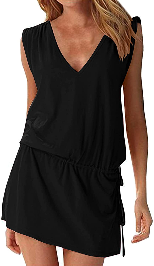 Hount Women'S Beach Swimsuit Cover up Deep V-Neck Short Mini Dress Beach Skirt Apparel & Accessories > Clothing > Swimwear Kylie Max   