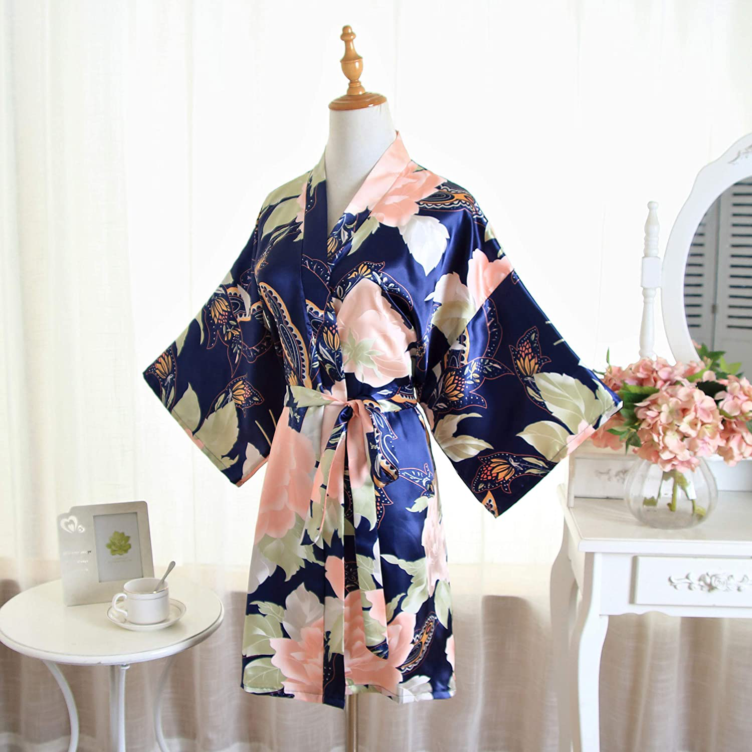 QXQTER Floral Satin Bridal Robe Silk Bridesmaid Robes Bridal Party Robe Dressing Gown Wedding Gifts Apparel & Accessories > Clothing > Sleepwear & Loungewear > Robes QXQTER   