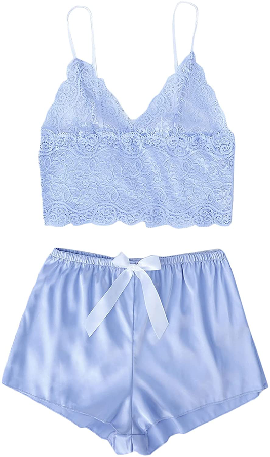 Romwe Women'S 2 Piece Satin Pajama Set Lace Cropped Cami and Shorts Pj Set Sleepwear Apparel & Accessories > Clothing > Sleepwear & Loungewear Kylie Max   