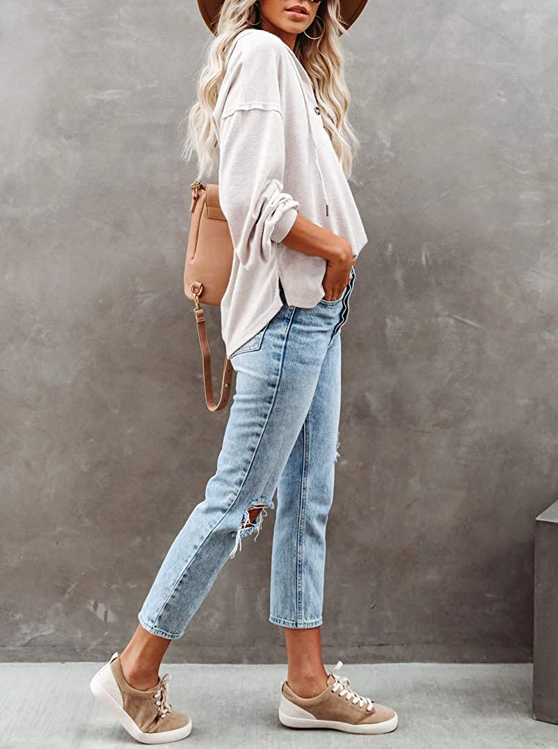 REVETRO Womens V Neck Long Sleeve Henley Shirts Button down Sweatshirts Hoodies Tunic Tops with Drawstring Apparel & Accessories > Clothing > Activewear Kylie Max   