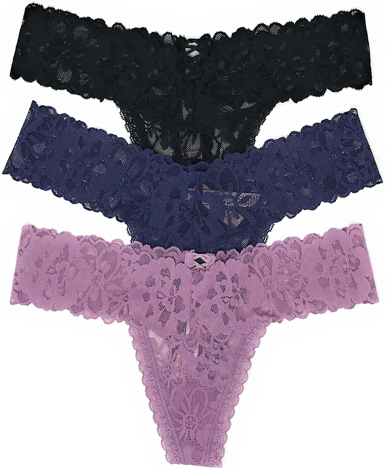Victoria's Secret The Lacie Thong Panty Set of 3 Apparel & Accessories > Clothing > Underwear & Socks > Underwear Victoria's Secret Black Cross / Denim / Mauve Cross X-Small 