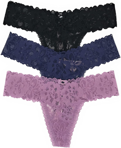 Victoria's Secret The Lacie Thong Panty Set of 3 Apparel & Accessories > Clothing > Underwear & Socks > Underwear Victoria's Secret Black Cross / Denim / Mauve Cross X-Small 
