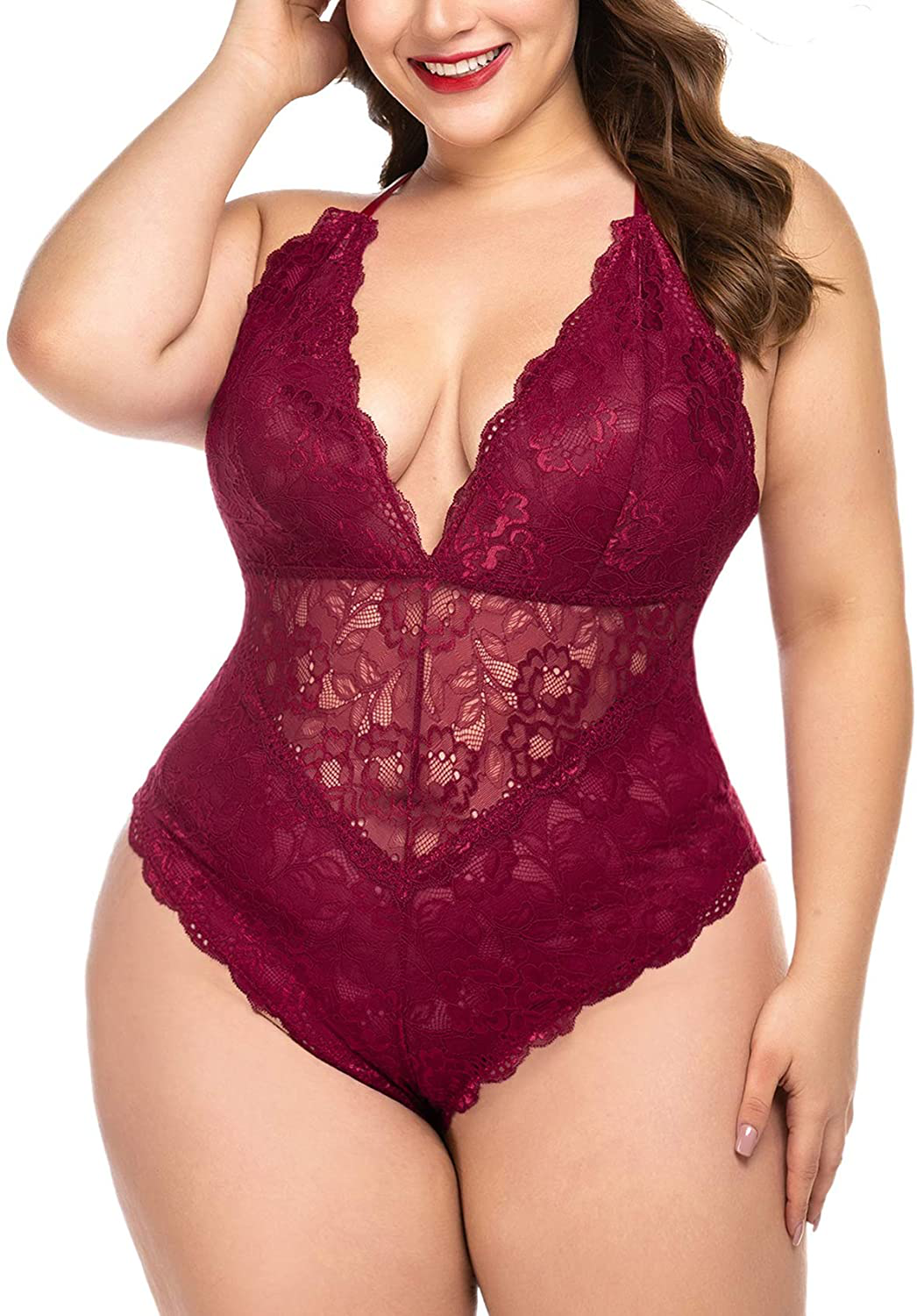 ELOVER Lingerie for Women Plus Size Lace Teddy Lingerie Bodysuit One Piece Babydoll Apparel & Accessories > Clothing > Underwear & Socks > Lingerie ELOVER Snap Crotch Bodysuit-purple Red Large 