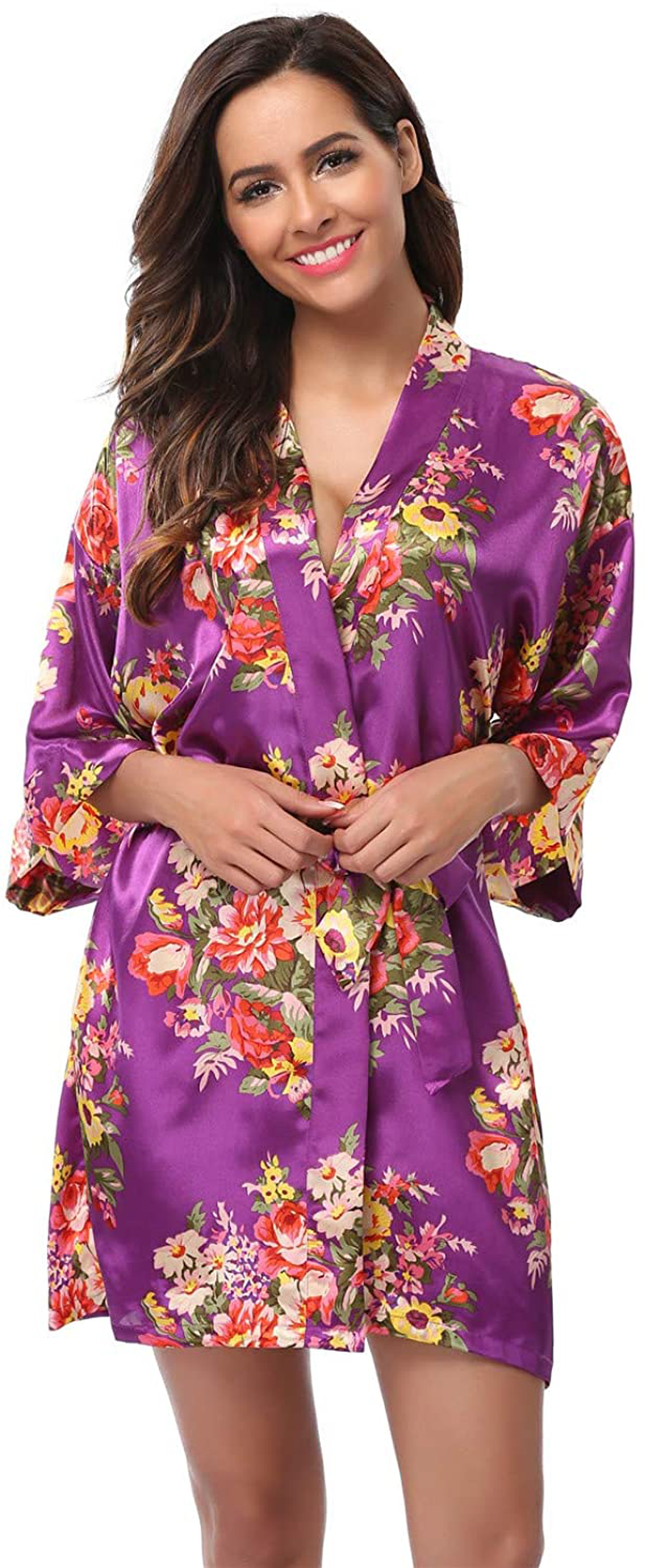 Women'S Floral Satin Kimono Robes Short Bridesmaid Robes for Wedding Party Apparel & Accessories > Clothing > Sleepwear & Loungewear > Robes Super Shopping-zone Purple With Pockets X-Large 