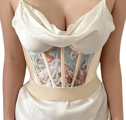 Meladyan Women Push up Corset Satin Oil Painting Print Overbust Waist Bonded Bustier Strapless Cincher Tube Top Apparel & Accessories > Clothing > Underwear & Socks > Lingerie Meladyan Apricot Medium 