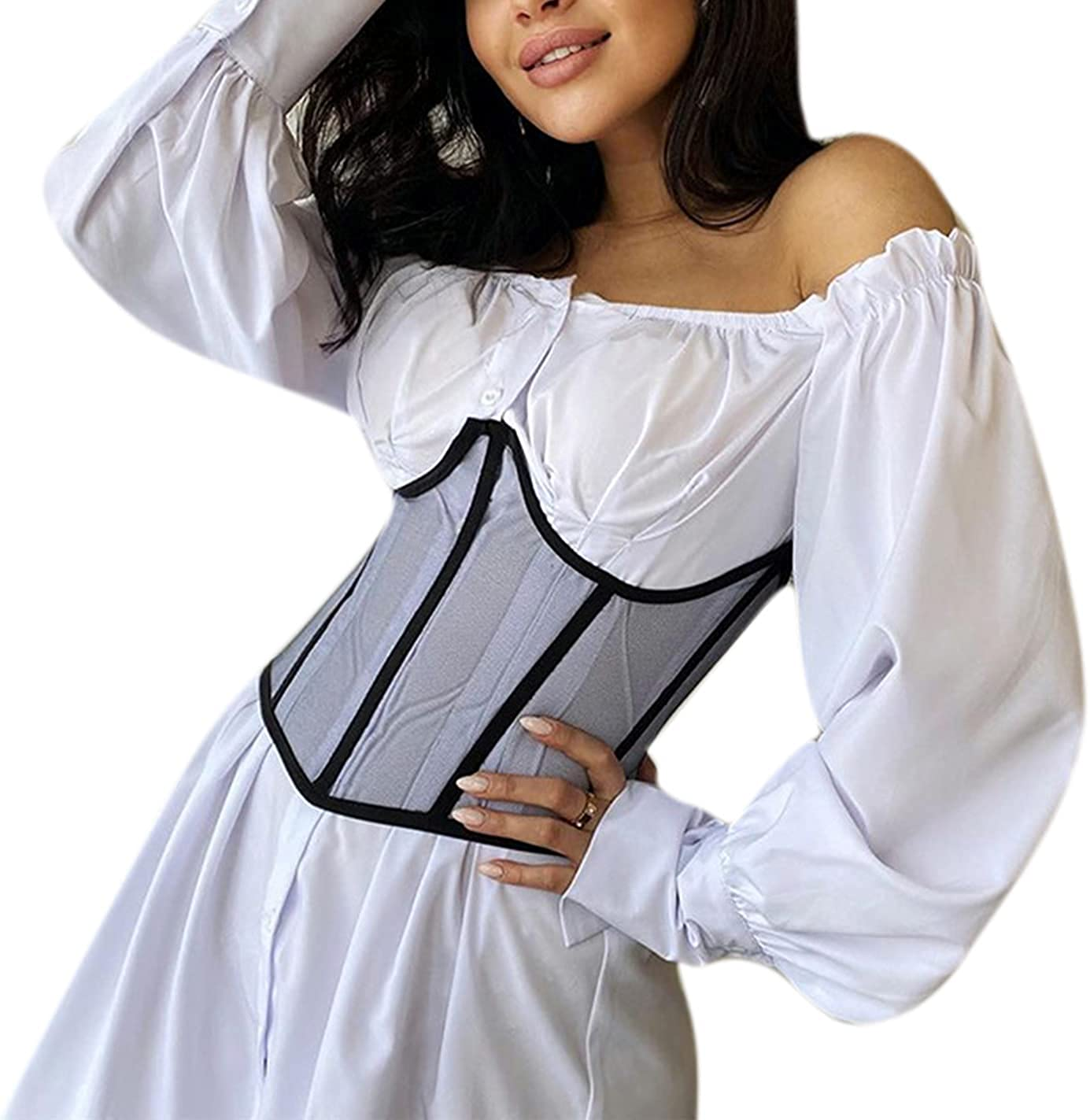 JUMISEE Women See through Mesh Lace up Bustier Corset Metal Chain Boned Overbust Waist Cincher Wide Belt Apparel & Accessories > Clothing > Underwear & Socks > Lingerie JUMISEE Mesh Black Large 